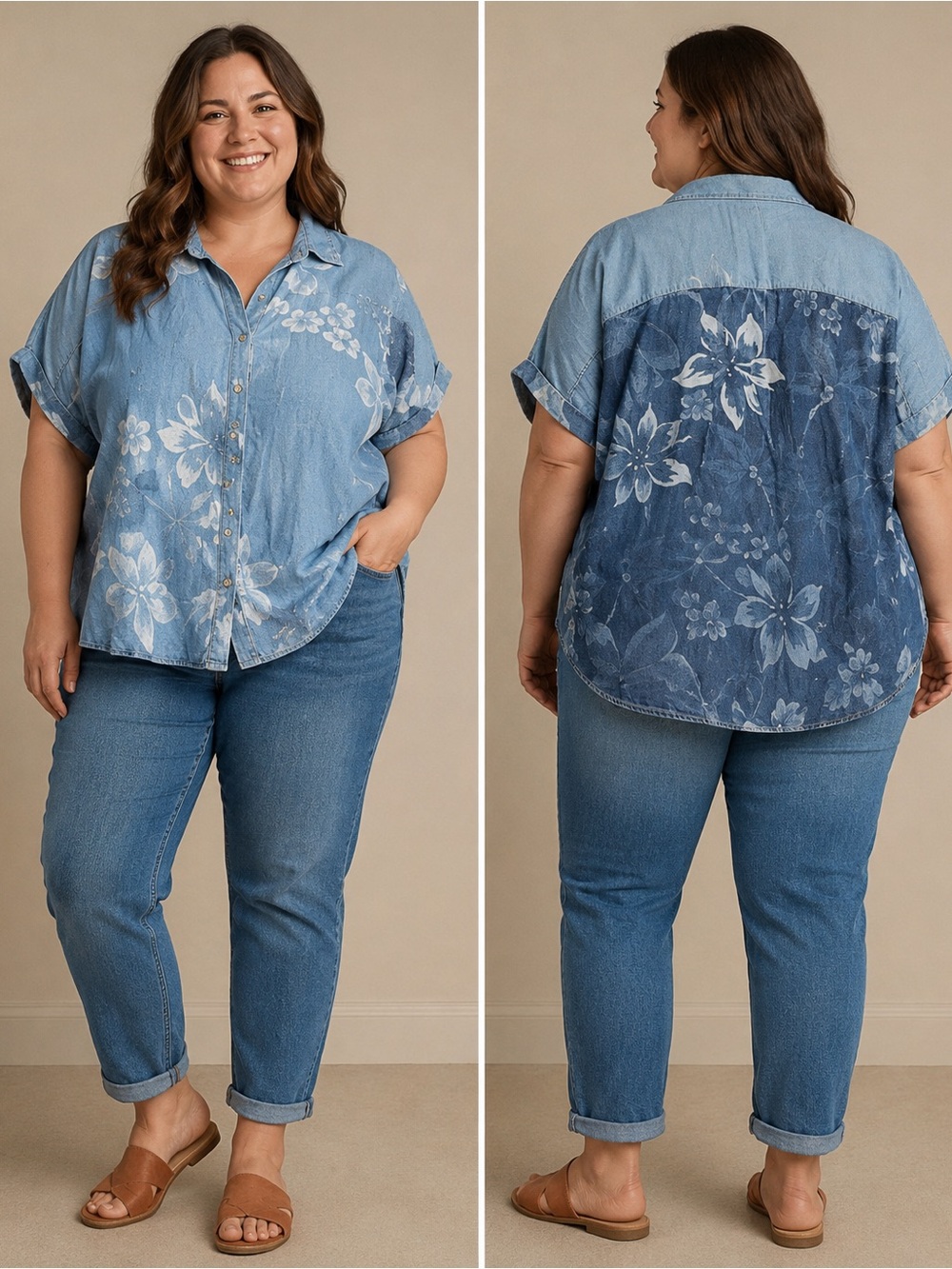 Soft Surroundings Tencel Lyocell Floral‎ Chambray Button Down Top 1X Boho